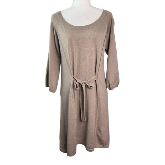 BCBGMAXAZRIA Khaki Tan 100% Wool Sweater Dress Roll Tab Sleeves Womens SZ L - Picture 2 of 7